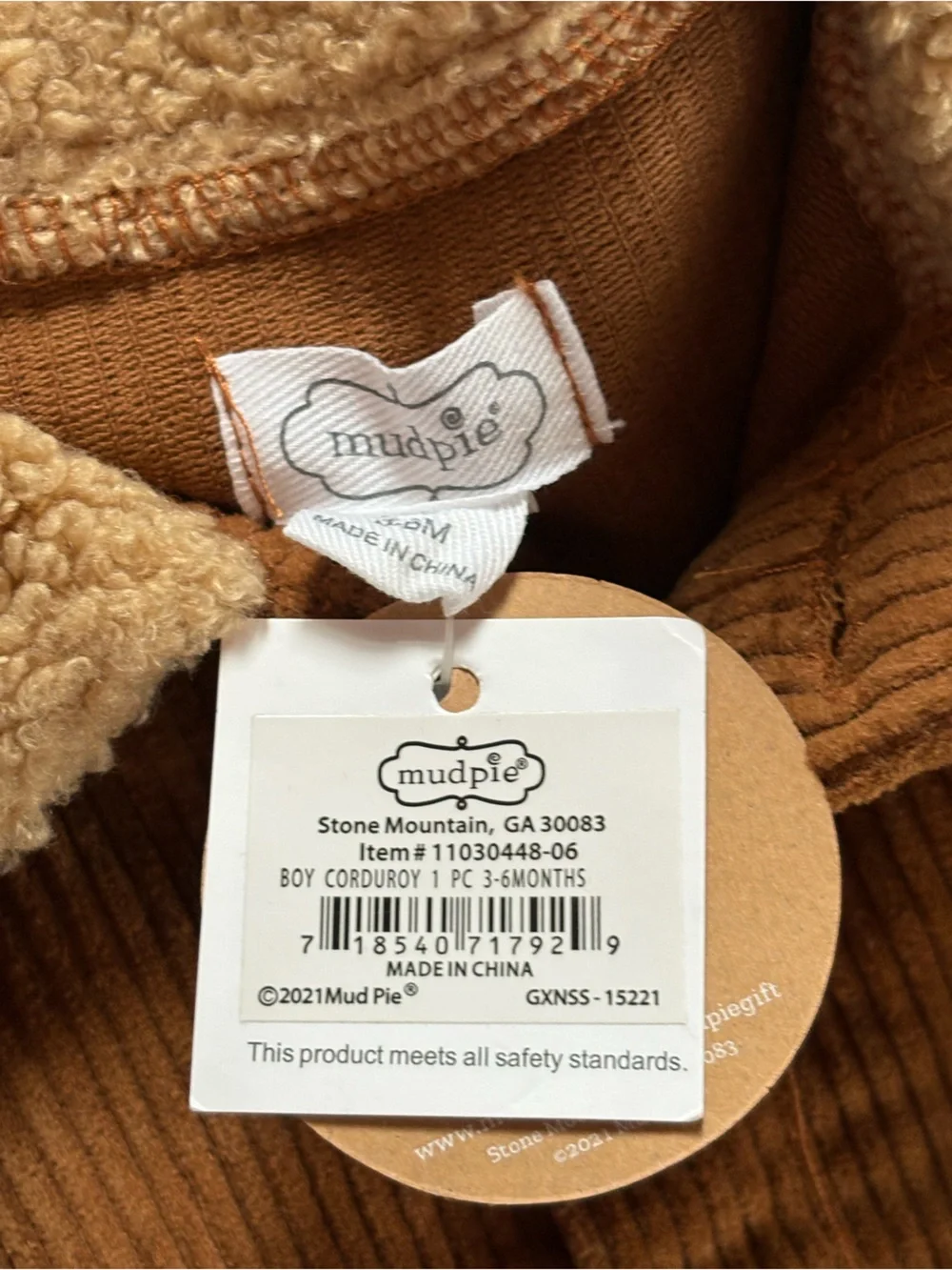 NWT Mud Pie Baby Boy Corduroy Romper Brown 3-6M